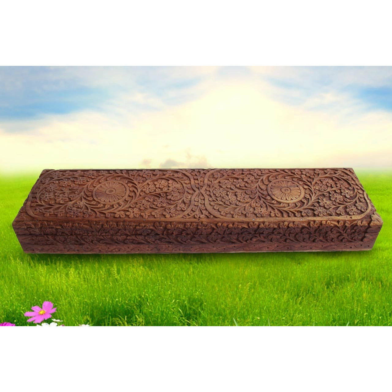 Noble wooden box with carvings elongated